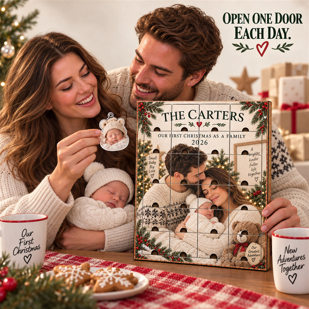 Personalized Our First Christmas As A Family Advent Calendar with 24 Photo Ornaments