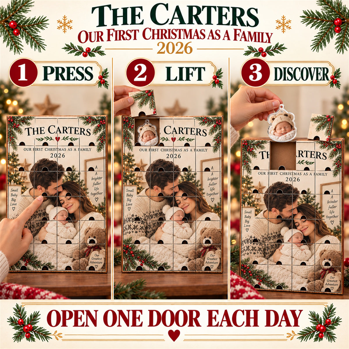 Personalized Our First Christmas As A Family Advent Calendar with 24 Photo Ornaments