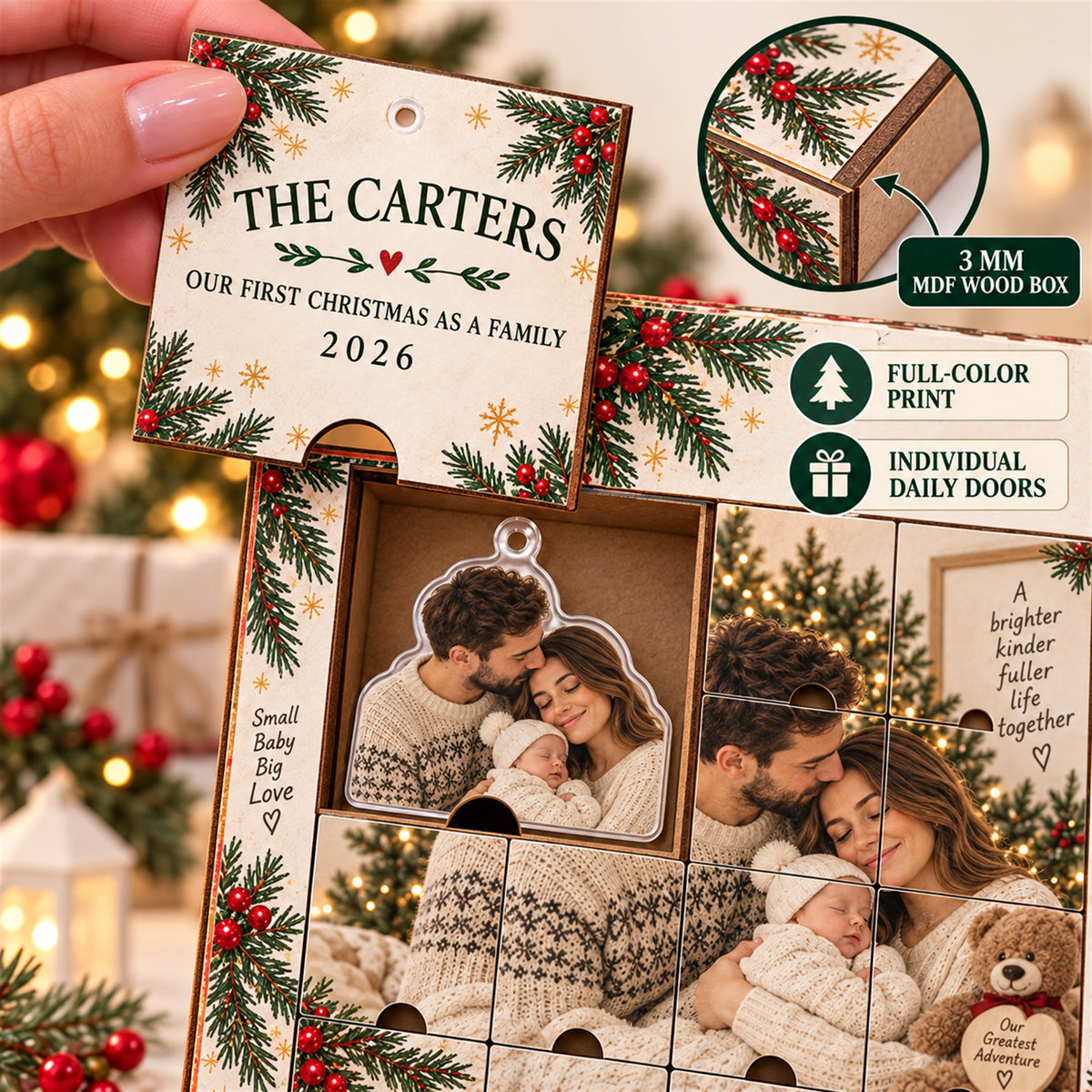 Personalized Our First Christmas As A Family Advent Calendar with 24 Photo Ornaments