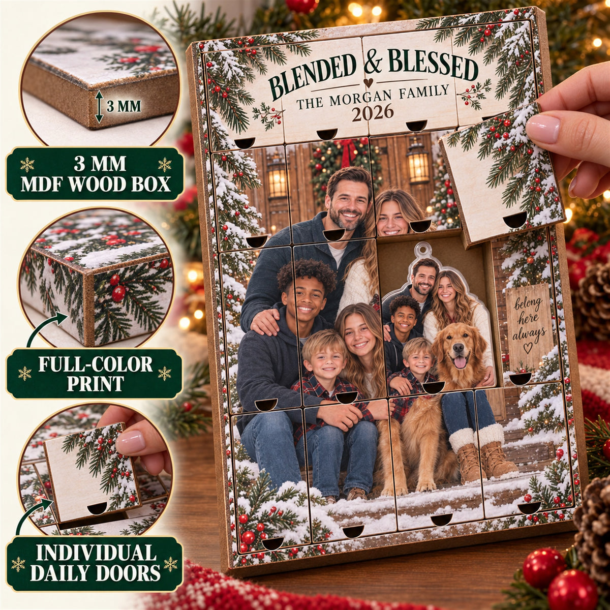 Personalized Blended And Blessed Family Advent Calendar with 24 Photo Ornaments