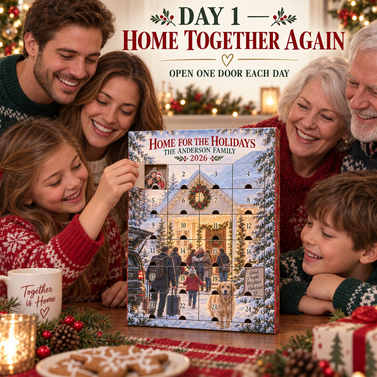 Personalized Home For The Holidays Family Reunion Advent Calendar with 24 Photo Ornaments