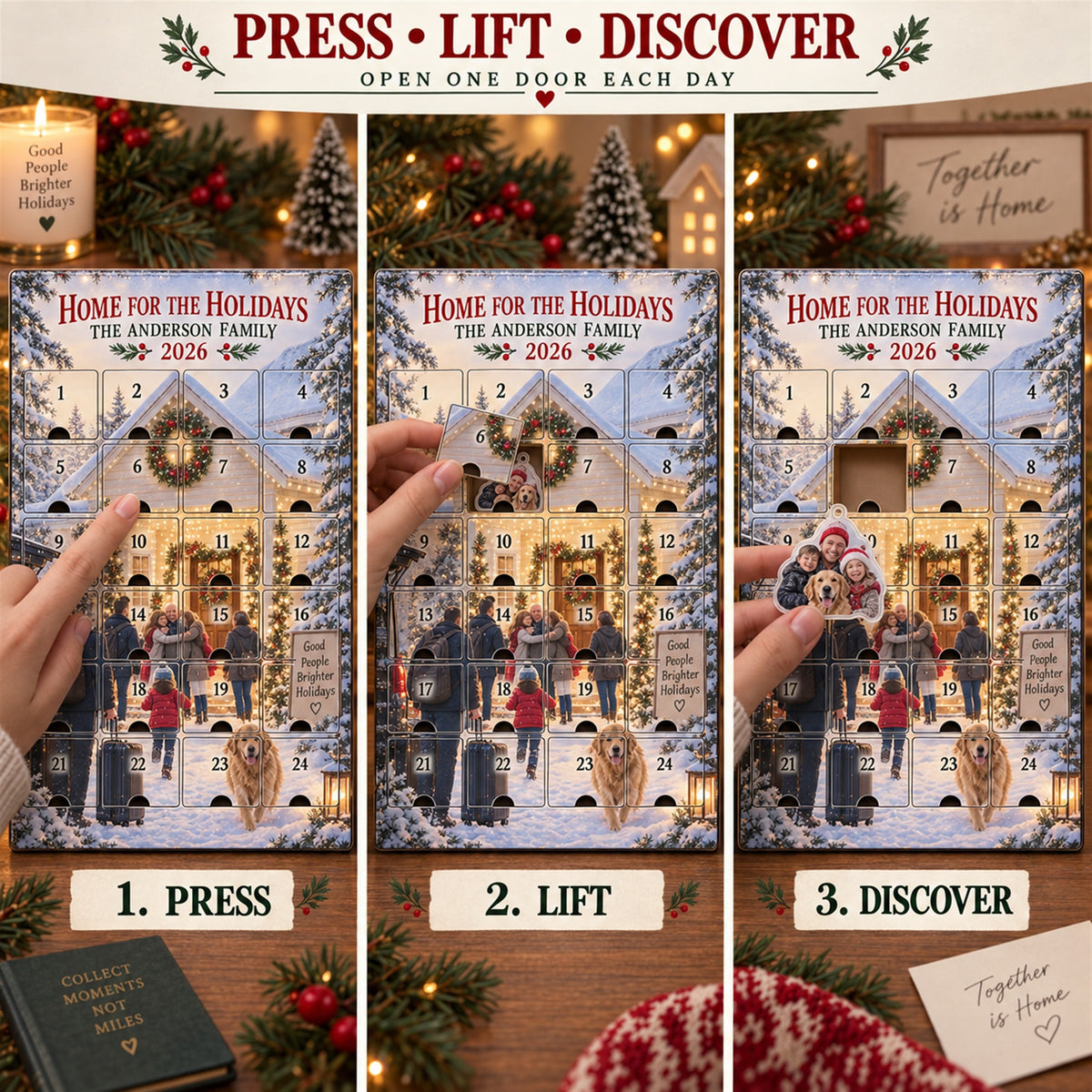 Personalized Home For The Holidays Family Reunion Advent Calendar with 24 Photo Ornaments