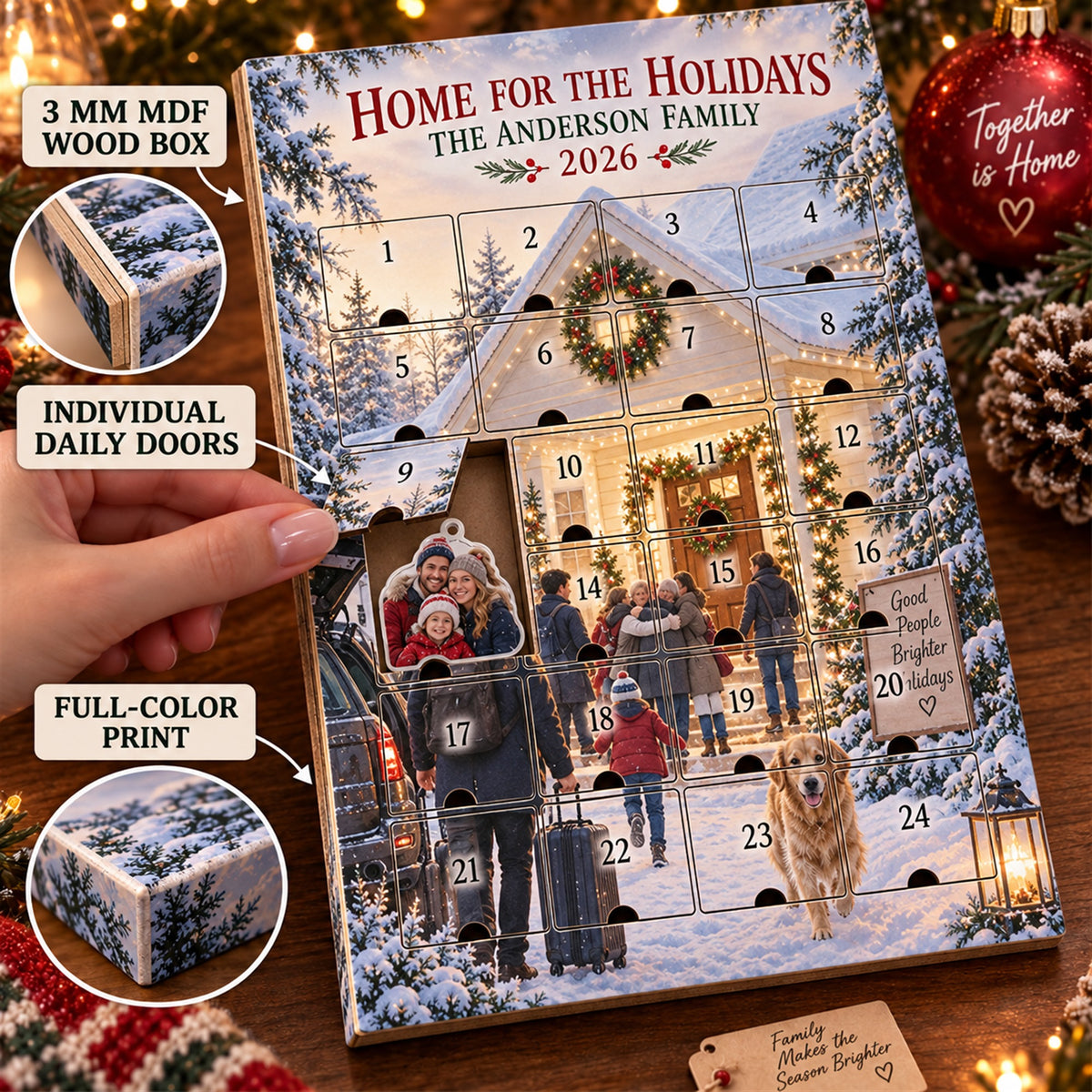 Personalized Home For The Holidays Family Reunion Advent Calendar with 24 Photo Ornaments