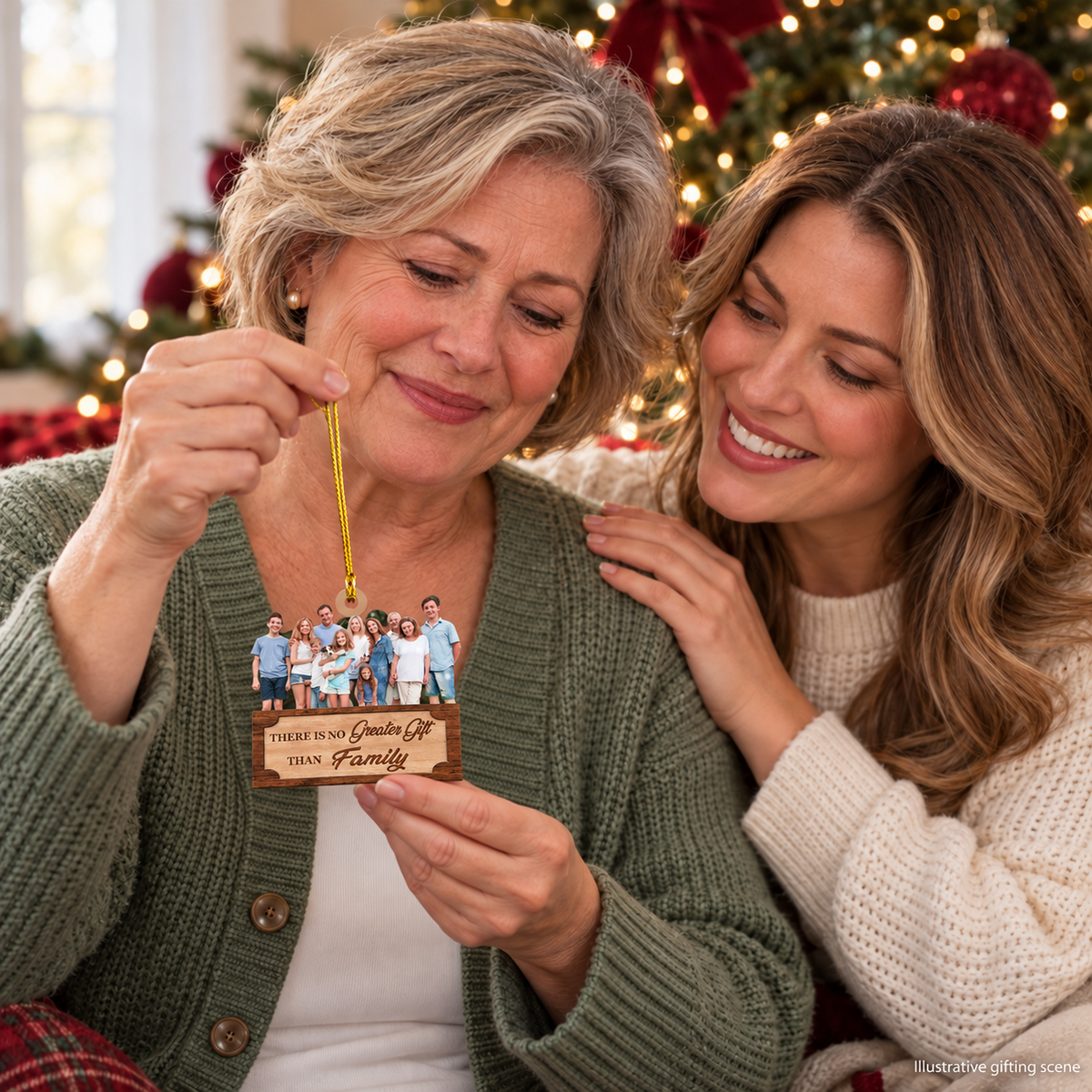 Illustrative Christmas gifting scene: a mother and daughter enjoying a small personalized Family photo ornament.