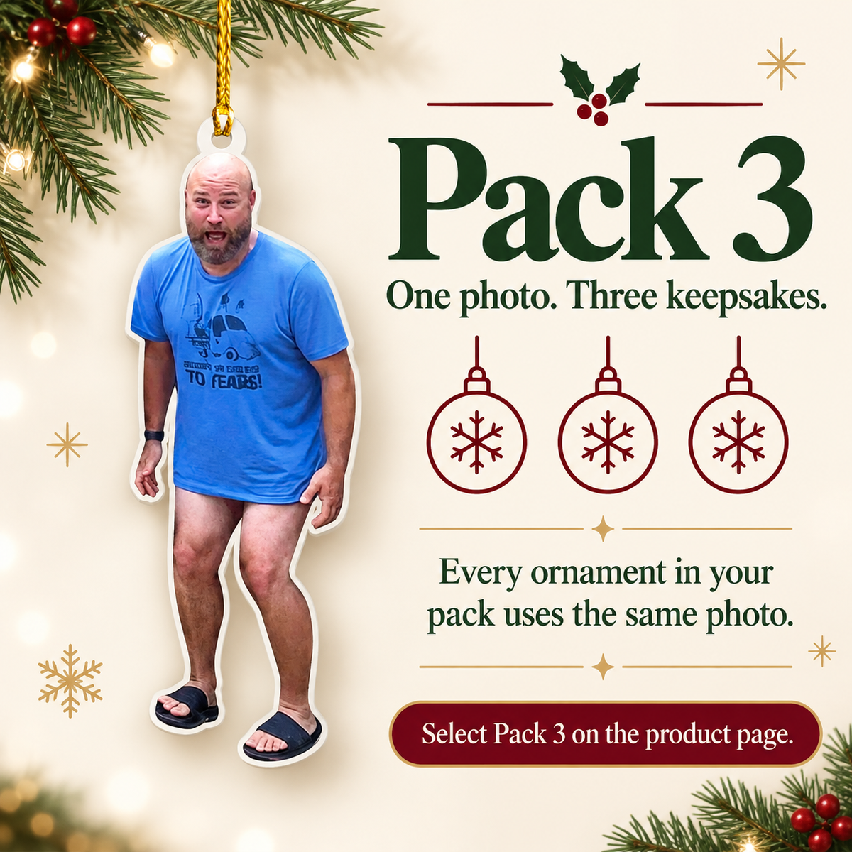 Funny ornament Pack 3: one photo is used for all three keepsakes.