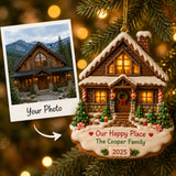 Personalized Gingerbread Our Happy Place Cabin Photo Acrylic Ornament