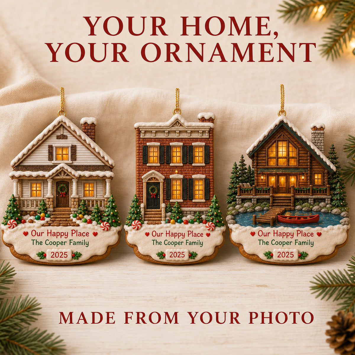 Personalized Gingerbread Our Happy Place Cabin Photo Acrylic Ornament