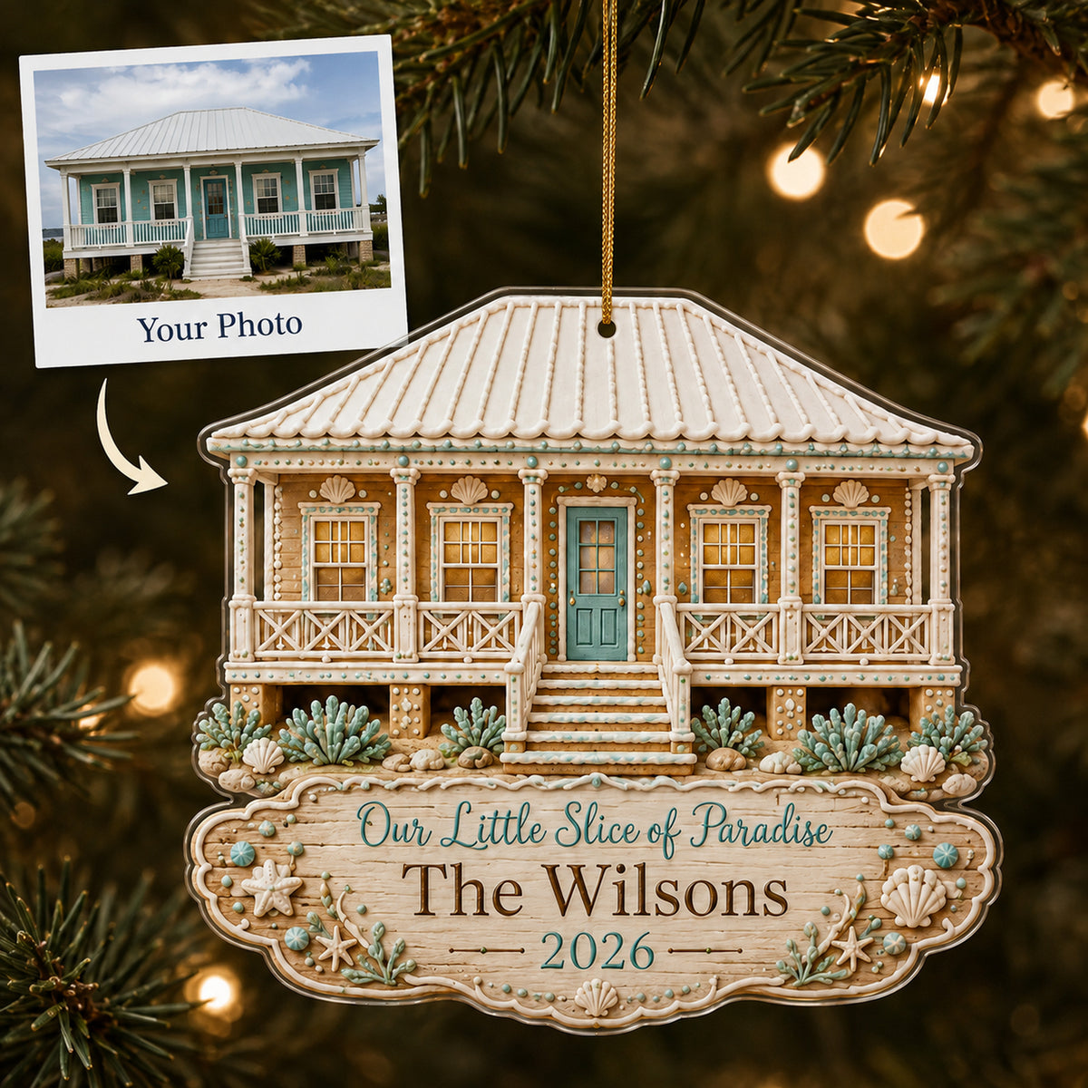 Personalized Gingerbread Coastal Sugar House Photo Acrylic Ornament