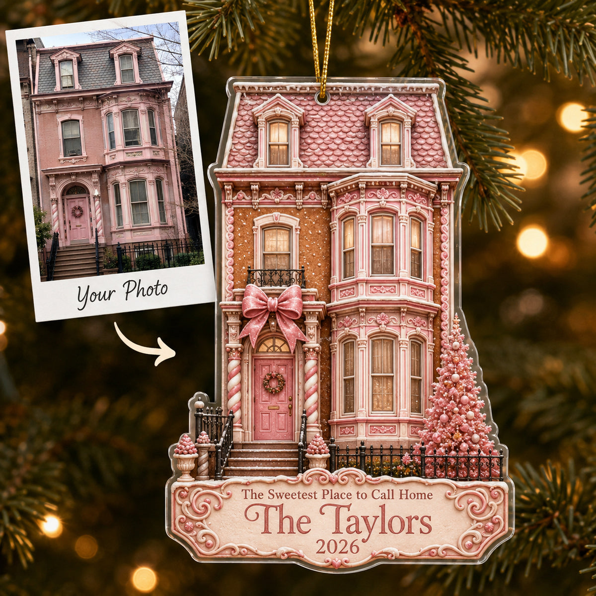 Personalized Gingerbread Pink City Townhouse Photo Acrylic Ornament