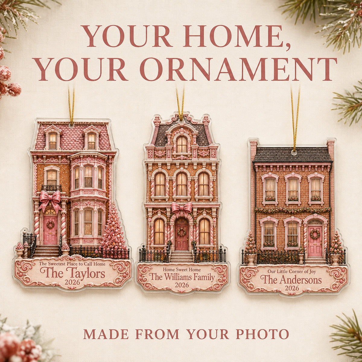 Personalized Gingerbread Pink City Townhouse Photo Acrylic Ornament