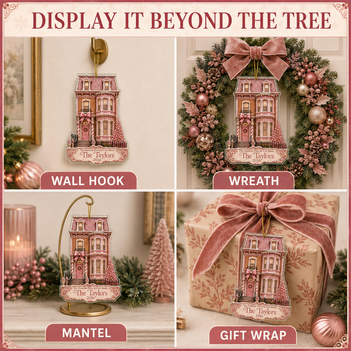 Personalized Gingerbread Pink City Townhouse Photo Acrylic Ornament