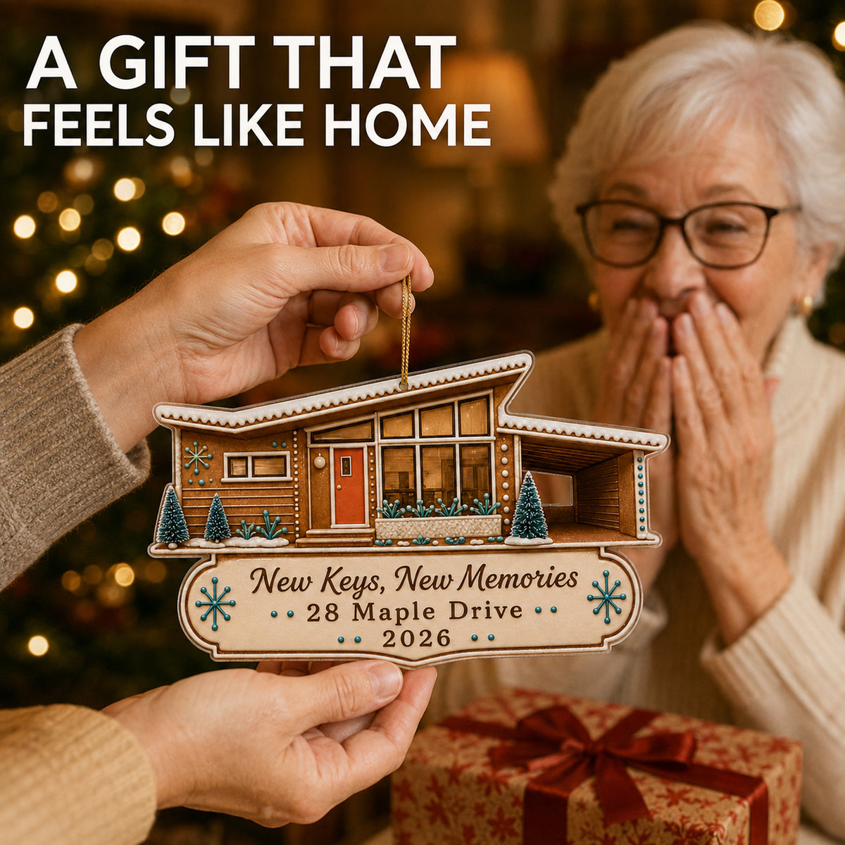 Personalized Gingerbread Mid-Century Modern Home Photo Acrylic Ornament