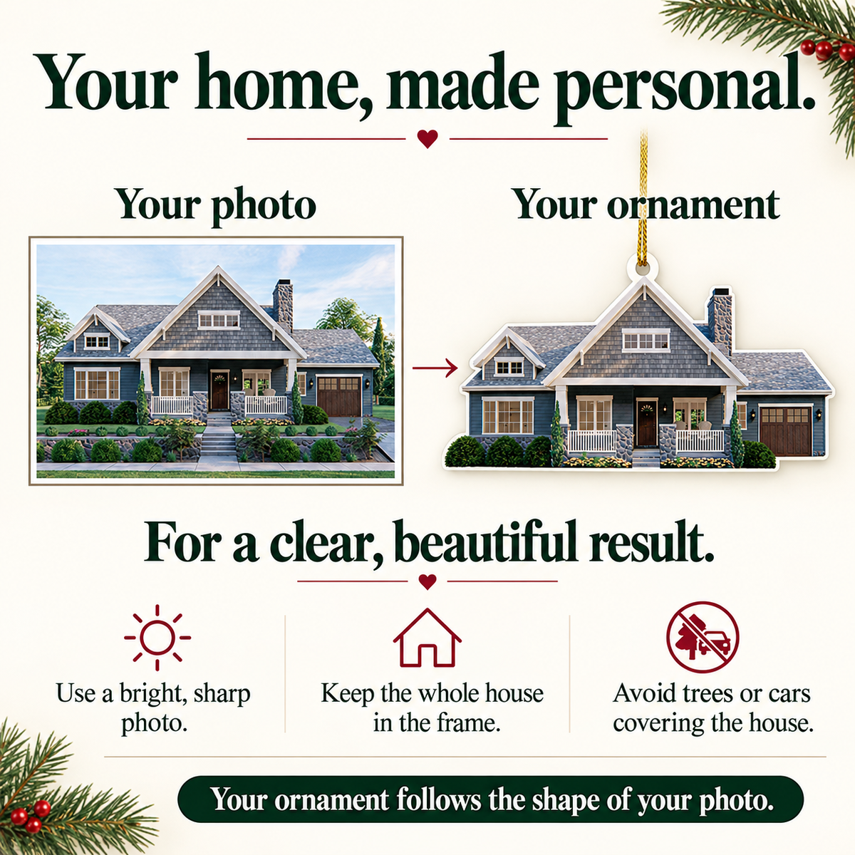 Home photo personalization guide: choose a bright sharp photo showing the whole house without obstructions.