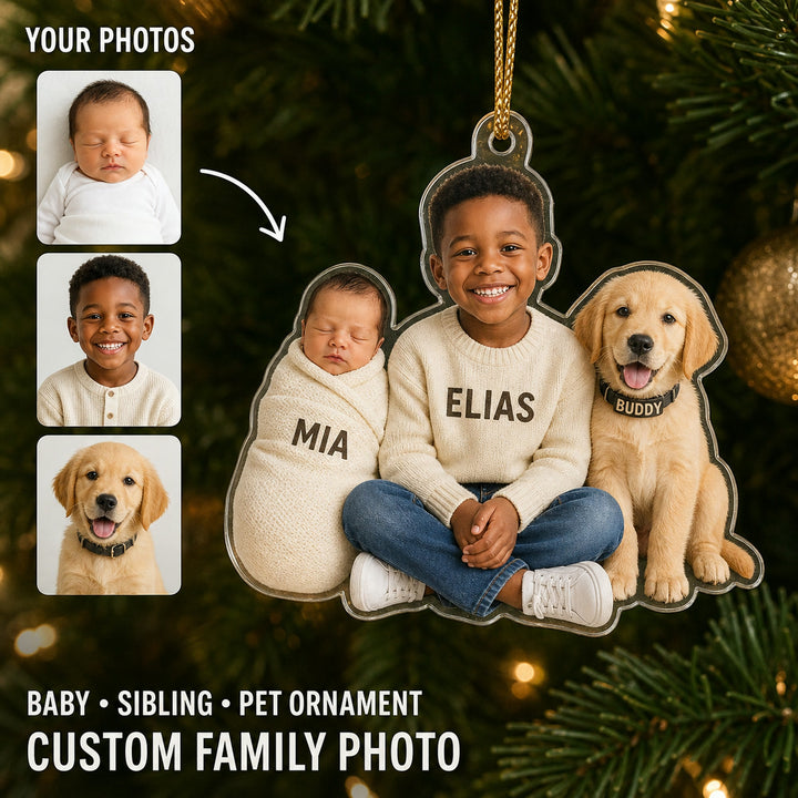 Personalized Baby Sibling and Pet Photo Ornament - Custom Acrylic Christmas Keepsake - image 1