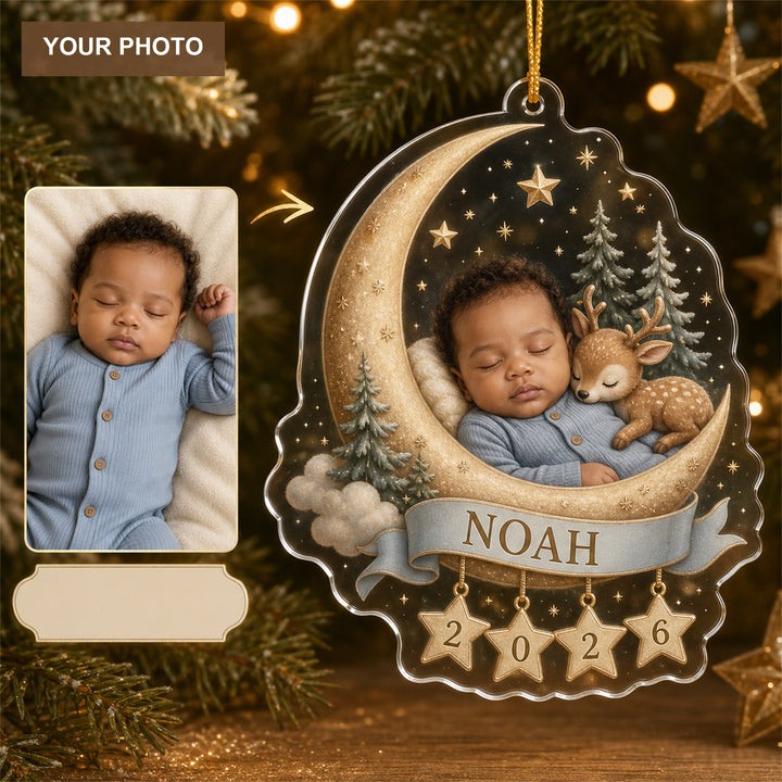 Personalized Reindeer Moon Cradle Baby 2026 Photo Ornament - Custom Acrylic Christmas Keepsake - image 1