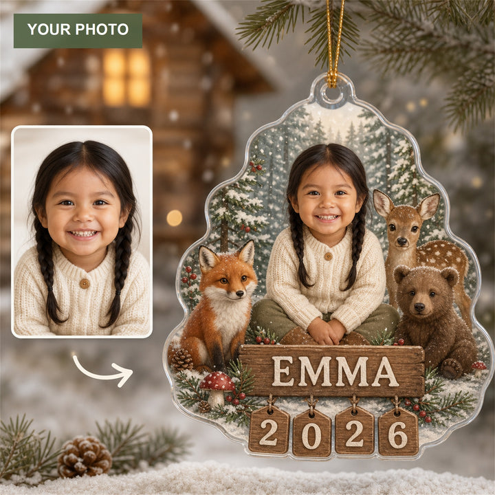 Personalized Woodland Christmas Baby 2026 Photo Ornament - Custom Acrylic Christmas Keepsake - image 1