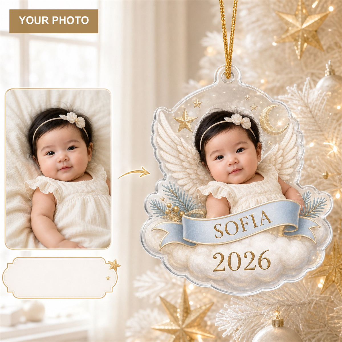 Personalized Little Christmas Angel Baby 2026 Photo Ornament - Custom Acrylic Christmas Keepsake - image 1