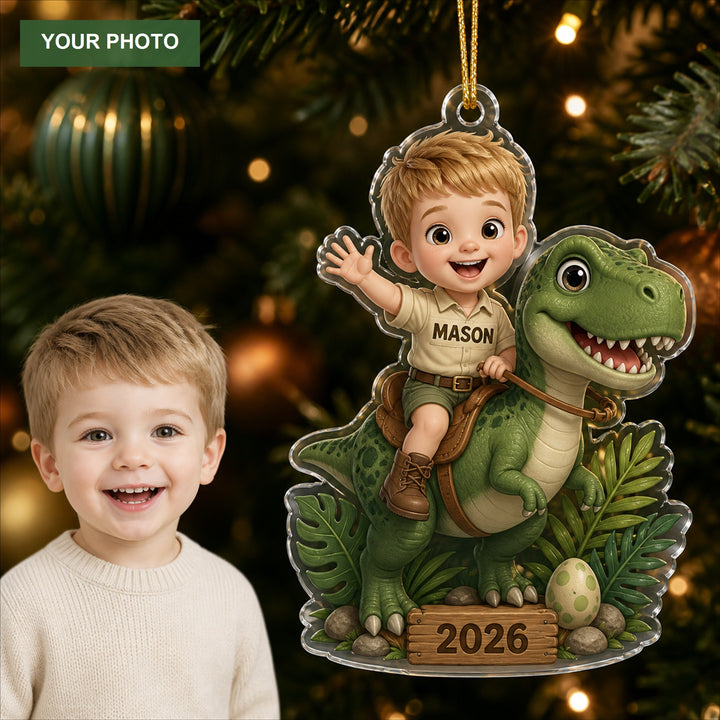 Personalized Chibi Dinosaur Adventure Photo Ornament - Custom Acrylic Christmas Keepsake - image 1