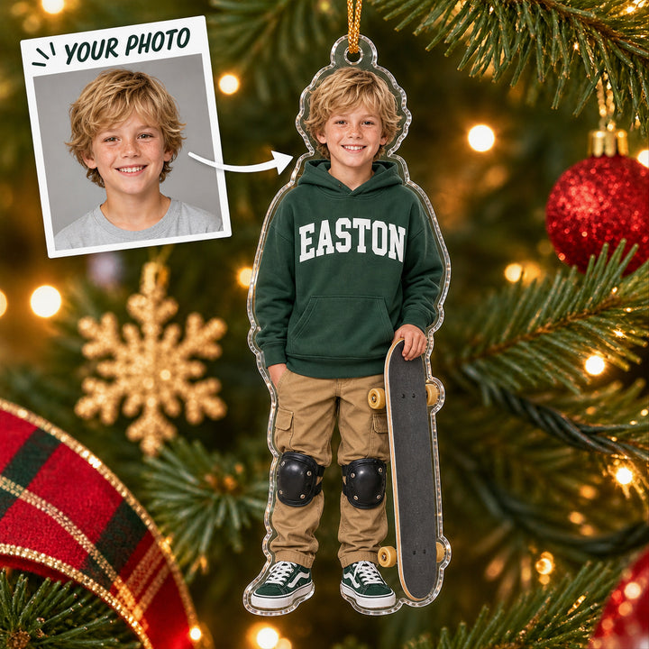 Personalized Kids Skateboard and Wheels Photo Ornament - Custom Acrylic Christmas Keepsake - image 1