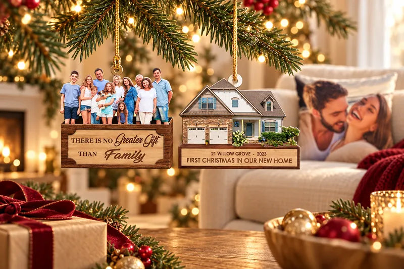 Illustrative Christmas scene with personalized family and home ornaments