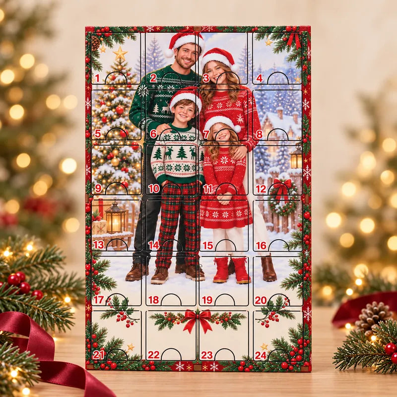 Personalized Family Advent Calendar with 24 Custom Photo Acrylic Ornaments, Wooden Christmas Countdown Box, Custom Holiday Gift for Family